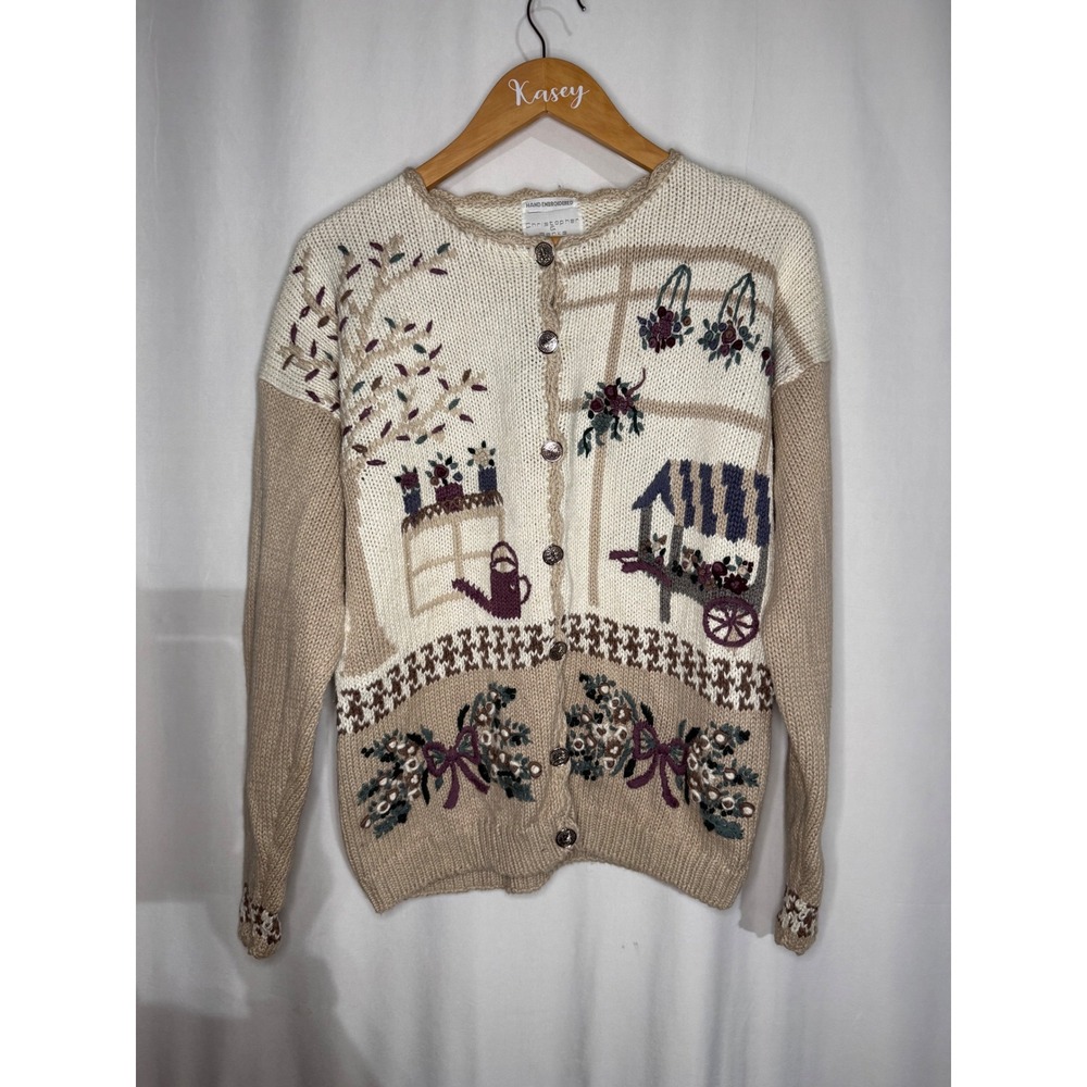 Christopher & Banks Hand Embroidered Garden Knit Cardigan Sweater Tan Cream S